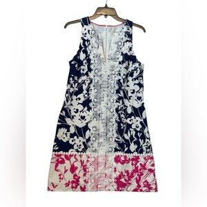 Eliza J‎ Navy Pink Lace Stretch Cotton A-Line Dress
